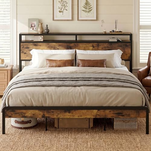 Image of LIKIMIO King Size Bed Frame with 2-Tier Storage Shelf Headboard | Dark Wood Platform Bed, Camas King with Strong Metal Supports, Sturdy, Noise-Free, No Box Spring Needed, Brown