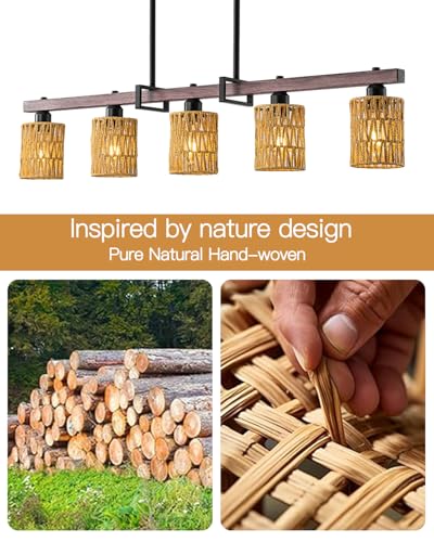 Rjieoc 5-Light harmhouse Kitchen Island Light Fixture, Linear Chandelier for Dining Room, 5-Light Rustic Pendant Light Over Table, Handmade Woven Farmhouse Wicker Chandelier - image 3