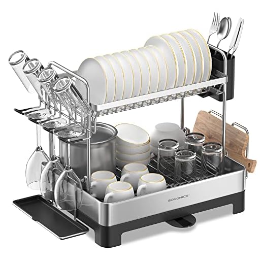 SONGMICS Dish Drying Rack - 2 Tier Dish Rack for Kitchen Counter with Rotatable and Extendable Drain Spout, Dish Drainer with Utensil, Cup, Glass, Cutting Board Holders, Black UKCS032B01