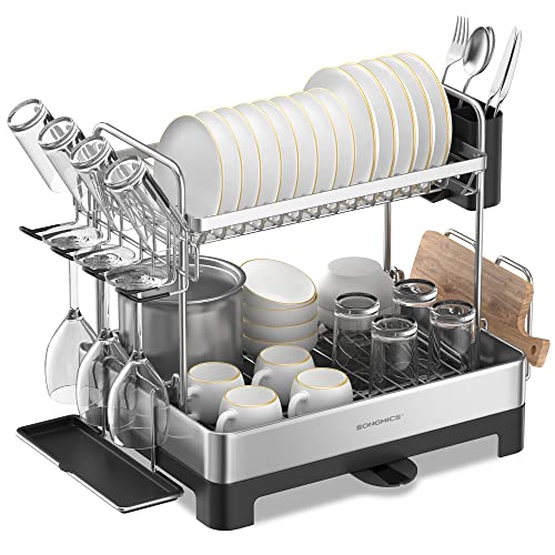 SONGMICS Dish Drying Rack - 2 Tier Dish Rack for Kitchen Counter with Rotatable and Extendable Drain Spout, Dish Drainer with Utensil, Cup, Glass, Cutting Board Holders, Black UKCS032B01 by SONGMICS - Used condition - US$39.41