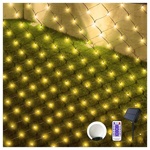 Globe Net String Lights Solar Powered 9.9X4.9FT Mesh Tree wrap Fairy Light Garden Ball Twinkle Lights with Remote for Lawn Fence Outdoor Indoor Background Decor(Warm White)