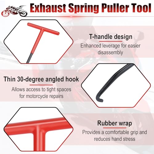 Image of 2 PCS Exhaust Spring Puller Tool, Motorcycle Exhaust Spring Hook, T Shaped Handle Spring Removal Tool with Rubber Coating, Snowmobile Accessories for Motorcycle Dirt Bike (Red and Black)