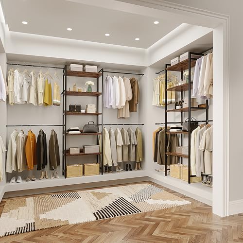 DWVO Closet Organizer System for Bedroom, Adjustable Heavy Duty Garment Rack Walk In Closet System, 4 Expandable Hanger Rods 5-Tier Wood Closet Storage Shelves with Backplane, Fits 6-9 ft Space, Black