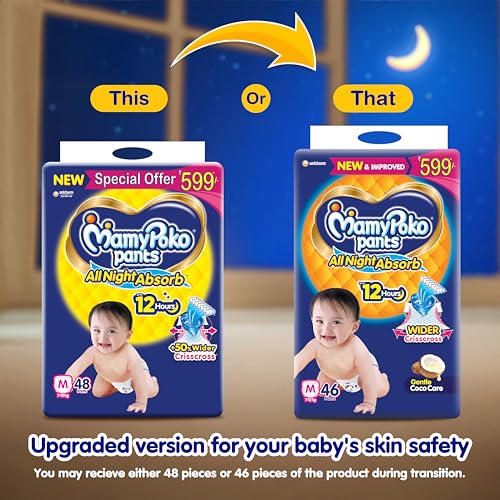 Image of Mamypoko pants All night absorb|Pant Style Baby Diapers Medium Size(M), 46 Count, Ideal for 7-12Kgs|1 Diaper= Upto All night Absorption|Wider Crisscross Sheet|Gentle Coco Care| 12hr Leakage Protection