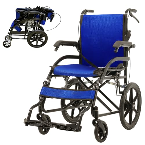 Simpolu 車椅子 折畳み 介助型 軽量 自立可能 安全ベルトつき 背面ポケット コンパクト 折りたたみ可能 座面付き 四輪 介助用 収納可能 キャスター付き 介護用品 自立式 軽量車椅子 おしゃれ 介護 福祉用具 耐荷重100kg (ブラック+ブルー