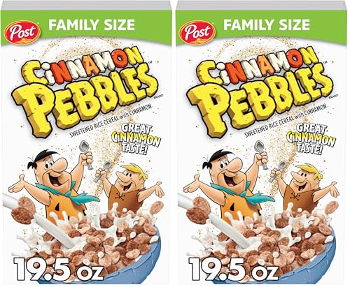 Image of Cinnamon PEBBLES Breakfast Cereal for Kids, Gluten Free, Made with Sweetened Puffed Rice, Family Size, 19.5 oz (Pack of 2)
