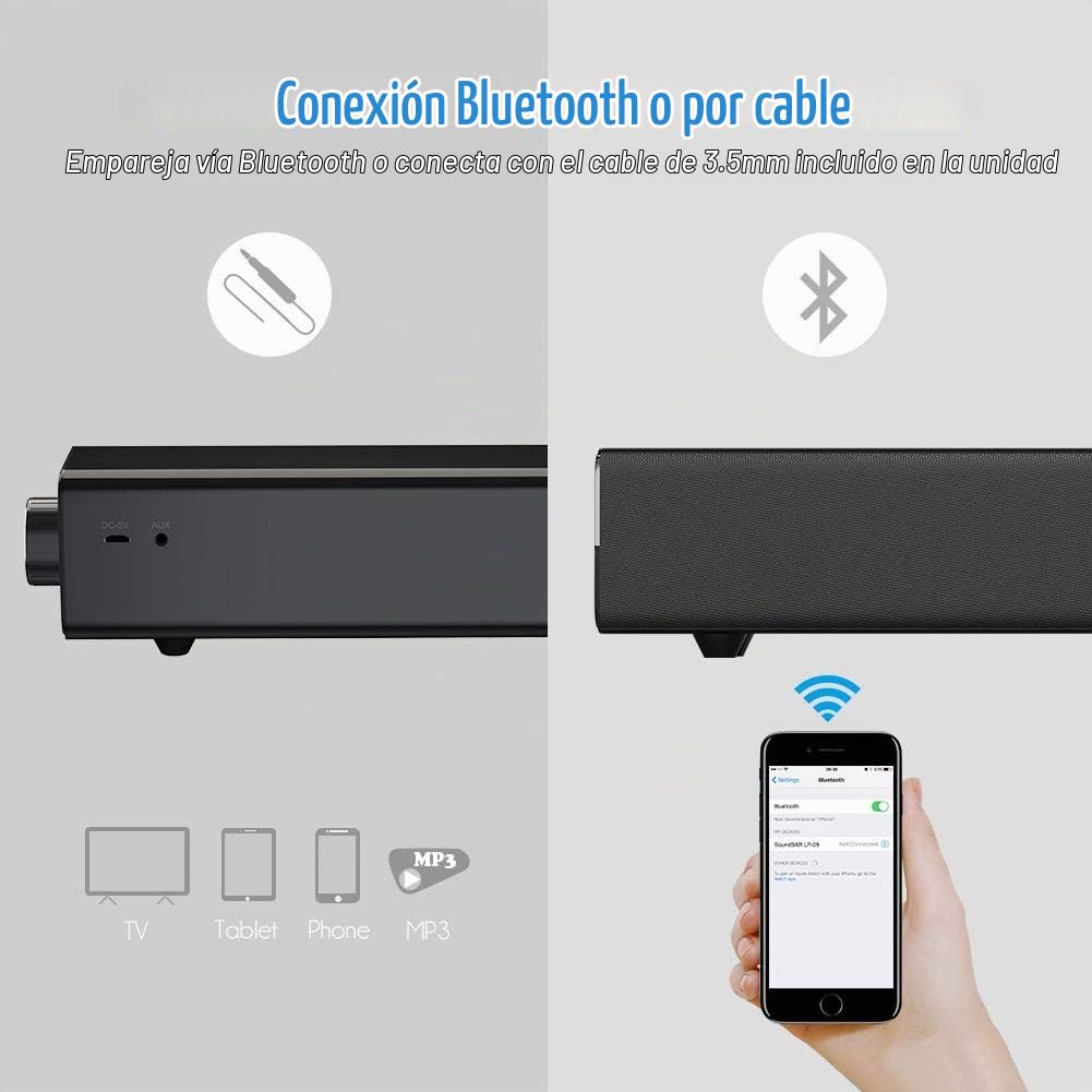 Barra de sonido Altavoz Bluetooth, 20W con cable e inalámbrico Cine en casa Altavoz Bluetooth Audio Surround Barra de sonido Bluetooth para TV, PC, teléfono celular, tabletas