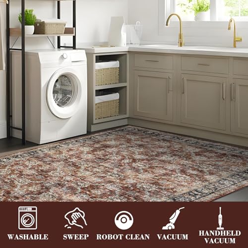 GarveeHome Washable Runner Rug 2x6 Vintage Carpet Runner with Non Slip Backing Foldable Non Shedding Retro Accent Rug Low Pile Distressed Throw Rug for Hallway Office Bedroom, Red