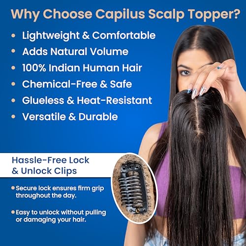 Image of Capilus 100% Human Hair Extensions for Women, Clip in Scalp Topper /Hair Topper, Silk Based- (5 inchx5 inch, 20 Inches, Natural Black)