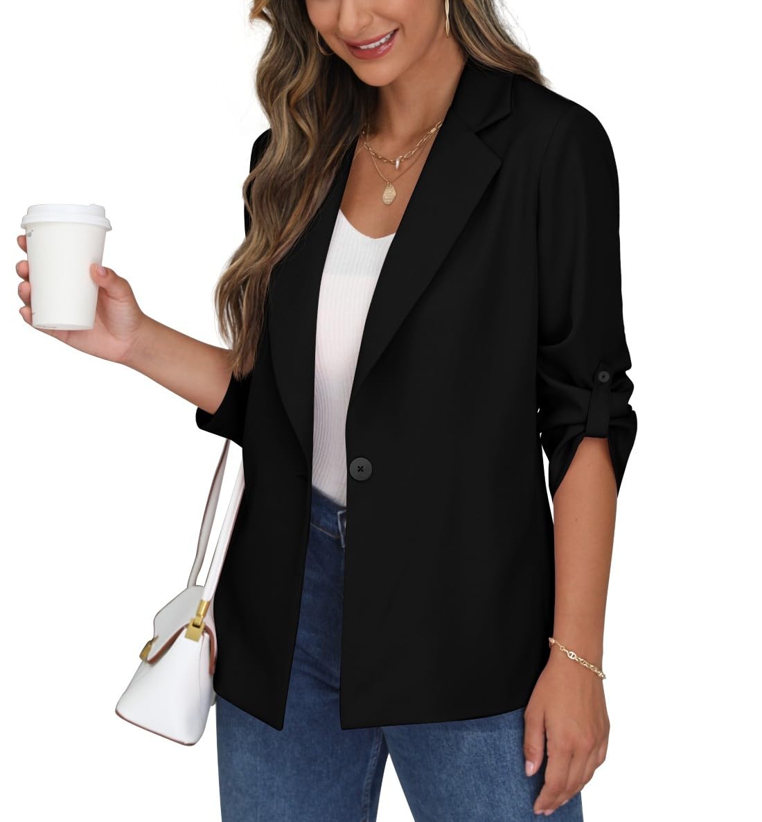 PrinStory Blazer Damen Büro Longblazer Verstellbare Ärmel Revers Blazer Sportlich Elegant Jack