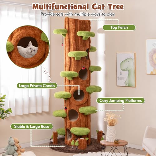 Image of PETSITE 90.5 Inch Tall Cat Tree, Tree-Like Modern Cat Tower with Sisal Scratching Pad, Five Cat Condos, Cute Hanging and Spring Toys, Large Cat Tree Tower for Indoor Cats (Brown)