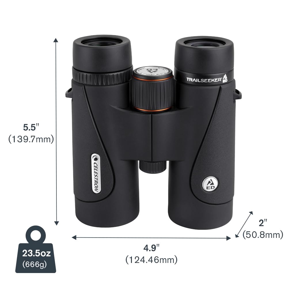 Celestron 71407 TrailSeeker ED 10 x 42 Binocolo con prisma a tetto, lente completamente multistrato, vetro prismatico BaK-4, nero