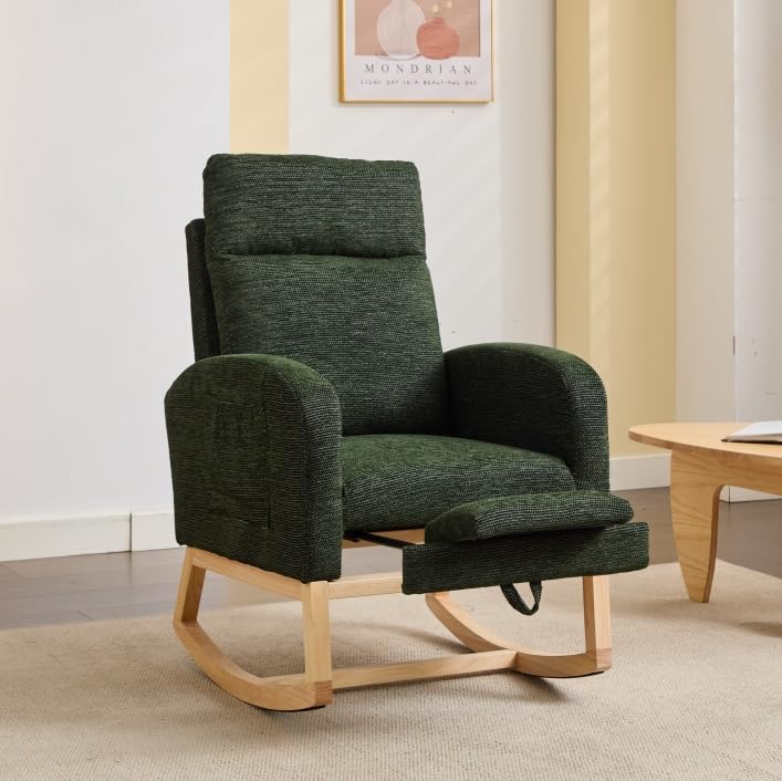 HiHomely Modern Accent Rocking Chair – Solid Wood Legs, Upholstered Nursery Glider with High Backrest & Side Pocket, Dark Green Teddy Lounge Armchair for Living Room