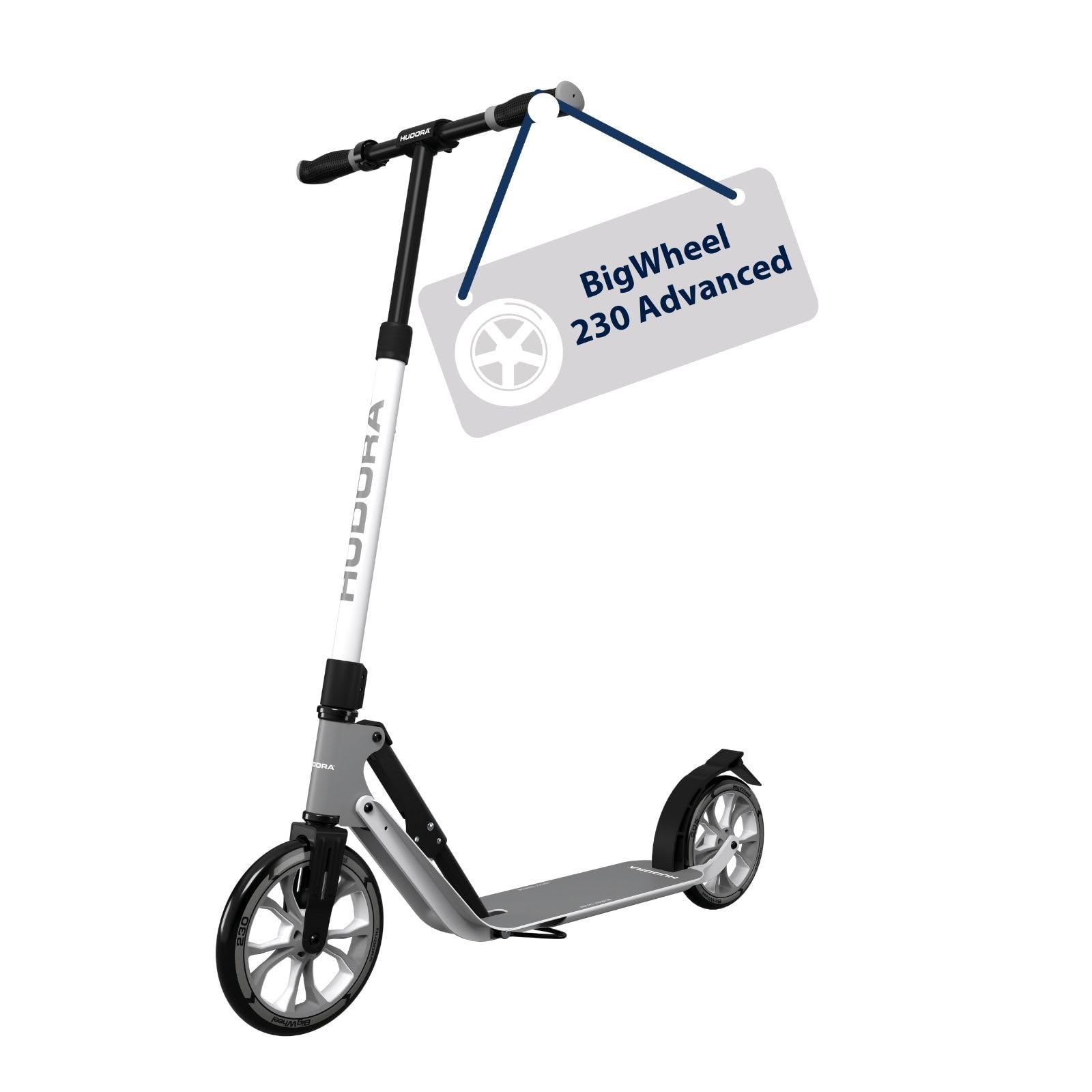 HUDORA BigWheel 230 Advanced Scooter - Stabiler Aluminium-Roller für bis zu 120kg - Leiser & zusammenklappbarer Cityroller mit Ständer & Klingel - Kick-Scooter für Kinder/Jugendliche & Erwachsene