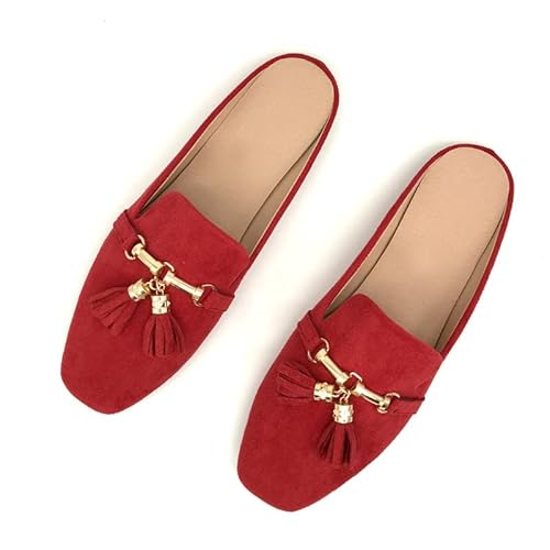 Mules For Women Flats Casual Loafers Shoes Open Back Slip-On Slides Office Slipper Fringe Red Eu41/Us 9 #TOP5