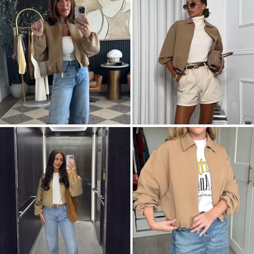 Xunger Women’s Cropped Bomber Jacket Puffed Sleeves Zip Up Trendy Casual Streetwear Outerwear with Pockets3