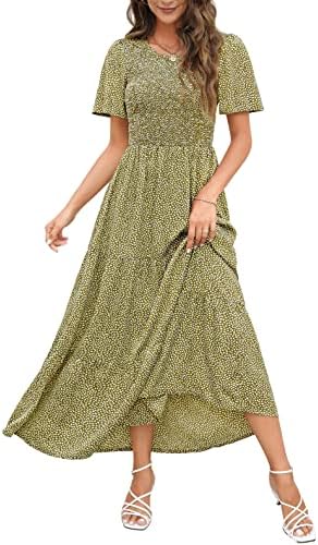Maggeer Women's Summer Bohemian Short Sleeve Smocked Floral Tiered Maxi Dress, Army Green, Medium