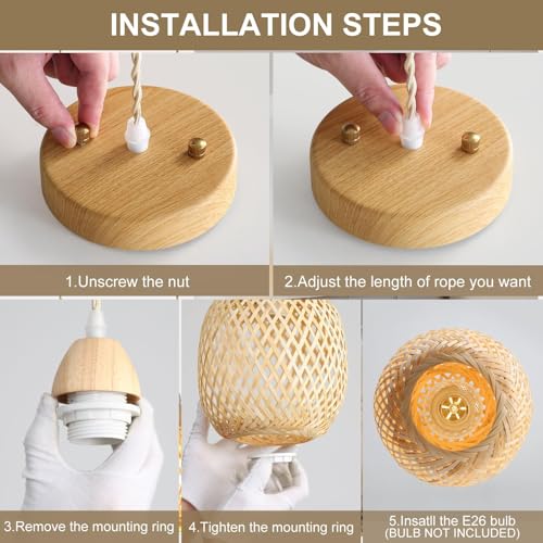 XIYOUVE Bamboo Pendant Light Fixture, 3-Light Handmade Woven Pendant Lighting, with Adjustable Rustic Basket, for Kitchen Island Farmhouse Dining Room Living Room, ETL Listed - Image 7