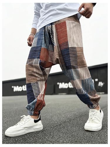 Men's Color Block Patchwork Baggy Harem Pants Drawstring Elastic Waist Hippie Pants with Pockets Streetwear4