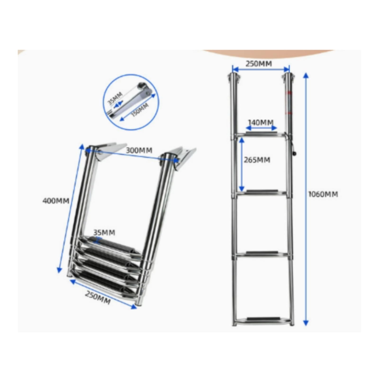 MERIGLARE Échelle Marine Rétractable Pliable en Acier Inoxydable Poli avec Supports Montage Supérieurs pour Accès Stable aux Yachts Voiliers Docks