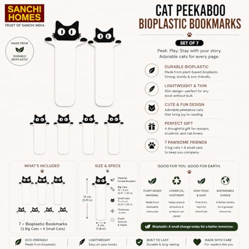 Image of Set of 6 Cute Cat Bookmarks for Cat Lovers - Peekaboo Black Cat Design with 3 Large & 3 Small Bookmarks | Fun Gift for Readers, Kids, Students | Eco-Friendly Bioplastic