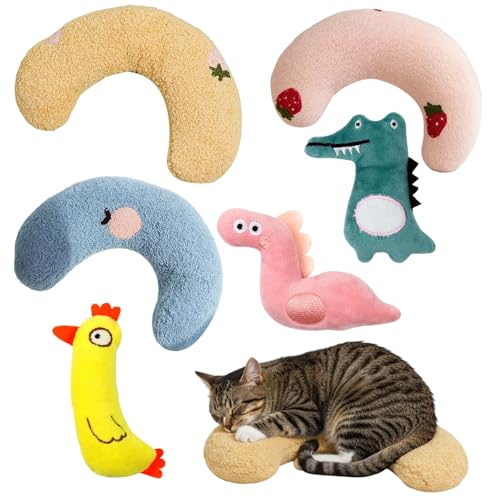JazRvr Baldrian Kissen für Katzen, 6-teiliges Set mit U-förmigen Kissen und Spielzeugtieren, Beruhigende Wirkung, Blau, Gelb, Rosa