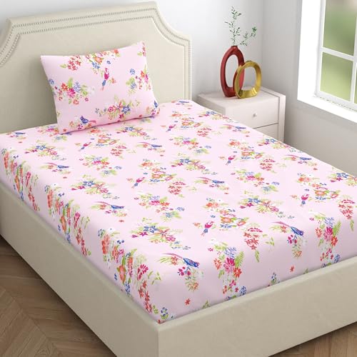 Image of Home Ecstasy 100% Cotton Single Bedsheet with 1 Pillow Cover - (Size 59 x 87 inches, 140 TC, Colour - Pink: Blushed Petal)