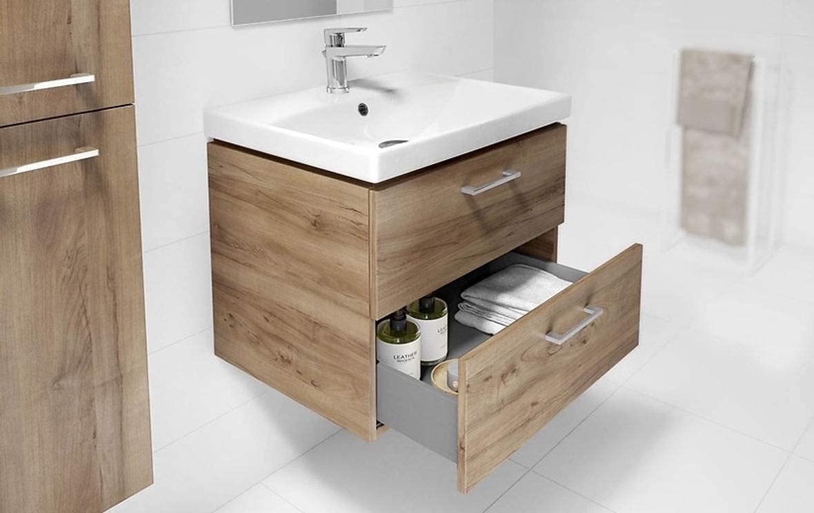 VBChome Waschbecken mit Unterschrank Nussbaum 80 cm mit Armatur und Pop Up ventil 2 Schubladen Weiß Badmöbel Hochglanz Click Clack hängend