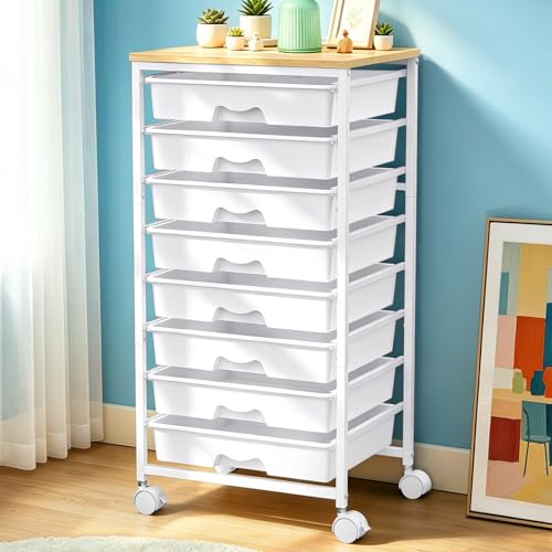SUNALLY Rolling Cart With 8 Drawers Storage Drawer Carts with Wooden Tabletop and 2 Lockable Wheels 8 Tier Rolling Cart for Craft Art Supply Storage & Home Office Organization White