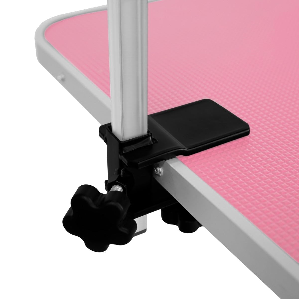 Table Toilettage Hydraulique - Cadre Acier Blanc Robuste & Plateau Antidérapant Rose 106 x 61cm - Hauteur 55 à 100cm - Capacité 180 kg - Toilettage Chien Animaux Professionnel.[3 Sangles INCLUSES]