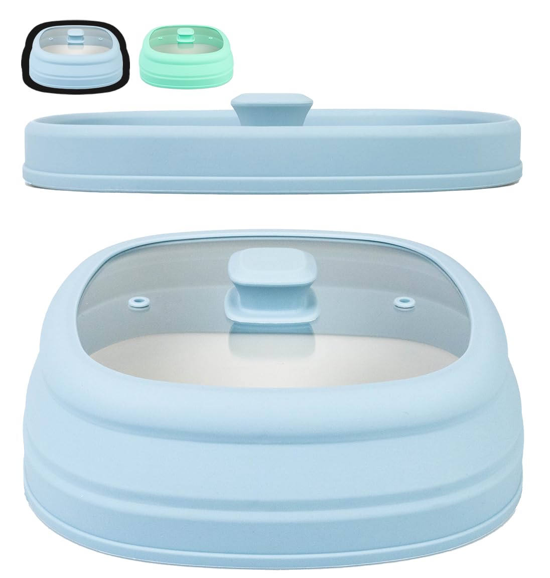 EarlyBird Cubierta cuadrada de cristal y silicona para microondas, plegable, cuadrada, tapa de cristal, cubierta protectora para alimentos, ventilada, cubierta para platos (azul paloma, 27 cm)