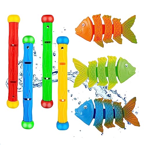 Kiuiom Juguetes de Buceo, Juguetes para Nadar bajo el Agua, Juguete Acuático para Piscina​, 4PCS Sticks de Buceo y 3PCS Pescados Salto Juguetes de Piscina Entrenamiento Juego para Niños