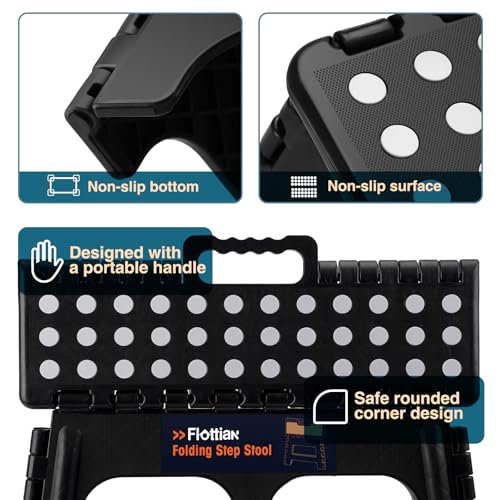 Image of Flottian 9 inch Folding Step Stool for Adults and Kids 15-Inch Extra Wide Stool Holds Up to 300 lbs,Non-Slip Folding Stools with Handle,Compact Plastic Foldable Step Stool for Bathroom,Kitchen,ect