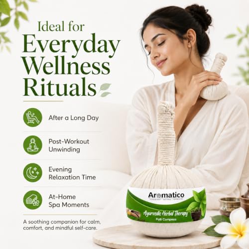 Image of AROMATICO Ayurvedic Herbal Potli with 17 ancient herbs. Helps with Pain Relief, Post-Workout Recovery & Muscle Relaxation. For Men & Women. 200gm Pack of 2