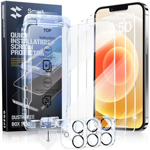 SMARTDEVIL 3-Pack Screen Protector for iPhone 12 with 3-Pack Camera Lens Protector, Clear 9H Tempered Glass Film, Super Fast Installation (Dust-Free & Bubble-Free), Alignment Tool