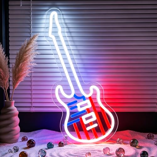 Image of White&Blue Neon Sign Led Neon Lights Signs for Wall Decor USB Powered Led Signs for Room Decoration-American Guitar