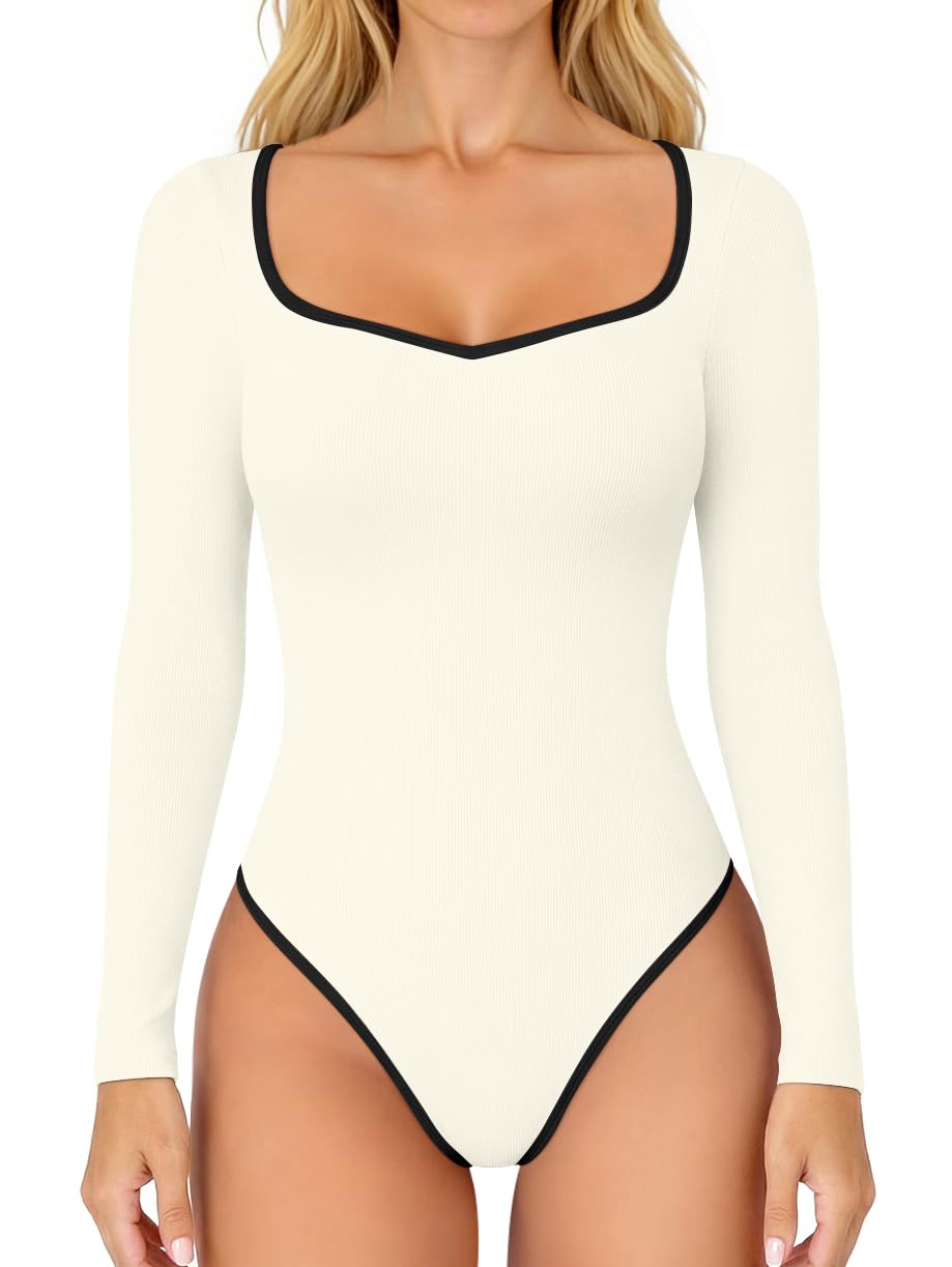 Womens Contrast Stripe Square Neck Long Sleeve Stretch Bodysuit-image-32
