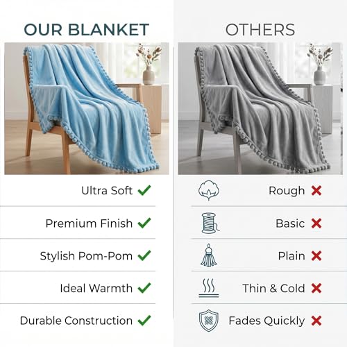 Image of BSB HOME 280 GSM Pom Pom Blanket, Ultra Soft Plush Fleece Throw Blanket with Pom Pom Fringe, Cozy Lightweight Warm Blanket for Sofa, Couch, Bed, Skin Friendly & Easy Care, 45 x 60 Inches - Powder Blue