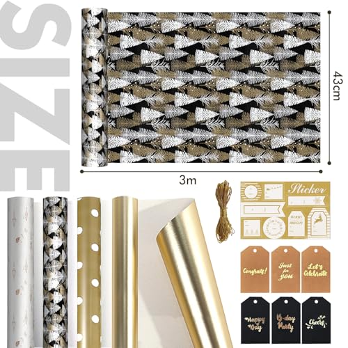 4 Rollen Geschenkpapier Weihnachten, Weihnachtsgeschenkpapier Set mit Aufklebern Anhänger, 43cm x 3m Weihnachts Weihnachtspapier Geschenkpapier, Geschenk Papier Weihnachten Kinder, Natur Edel