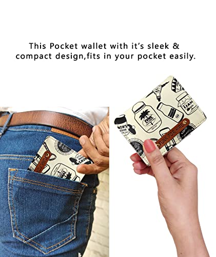 Image of Funk For Hire Vegan Leather Slim Wallet for Men Women White Printed Card Holder Minimalist Bifold with 6 Card Slots Cash Compartment and Zippered Coin Pouch