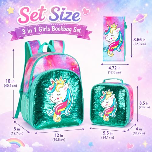 Image of 16 inch Backpack for Girls Boys 4-8, 3Pcs Kids Bookbag Set with Lunch Box, School Bag for Preschool Kindergarten