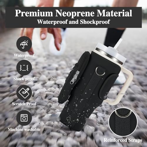Image of linmaya Water Bottle Carrier Bag with Phone Pocket for Stanley 40 /30 oz Tumbler Neoprene Water Bottle Holder Pouch with 2 Adjustable Strap & 3 Leak Stoppers for Stanley Cup Accessories