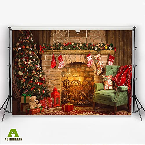 Aoihrraan 3x2m Christmas Fireplace Backdrop Xmas Tree Sock Gift Brick Warm Fireplace Sofa Wooden Wall Red Carpet Photography Background New Year Party Decoration Kids Adults Portrait Photo Props - Image 3