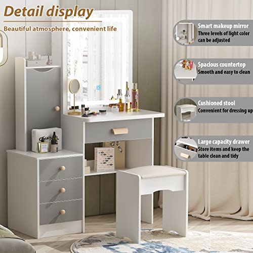 Homsee Vanity Desk Set Makeup Table With Large Sliding Lighted Mirror, Dressing Table With 4 Drawers, Hidden Storage Shelves & Cushioned Stool For Bedroom, White #TOP1