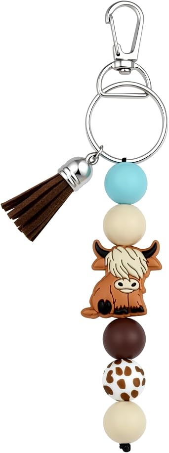 Highland Cow Keychain Gifts Country Keychain Silicone Beaded Key Chains Women Cute Bag Charm Highland Cow Accessories