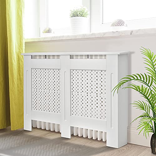 Homcom Cubre Radiadores, 111.5x19x82 Cm, Cubierta Para Radiador Moderna De Mdf, Con Estante Superior Y Listones, Para Salón, Dormitorio, Pasillo, Blanco