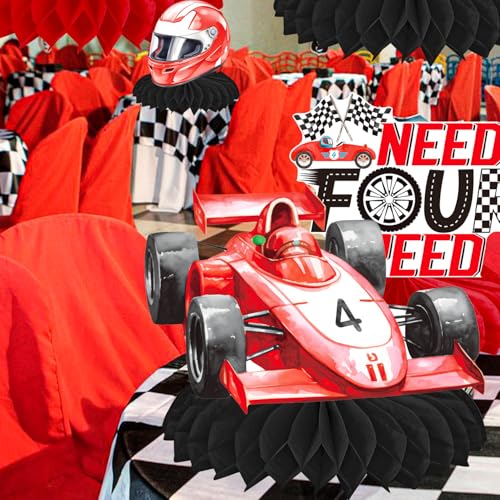 Image of Need Four Speed Birthday Honeycomb Centerpieces 12Pcs Race Car 4th Birthday Party Decorations Red Racing Car Table Centerpieces for Checkered Flag Racing Baby Shower Supplies