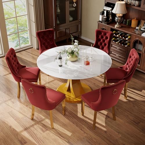 Image of 7-Piece Dining Table Set with 47In Faux Marble Table and 6 Velvet Upholstered Chairs, Modern Scandinavian Furniture for Dining Room Kitchen(Burgundy&Gold)