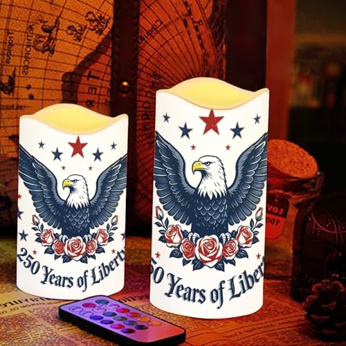 Image of American Flag Flameless Candles 250th Anniversary Bald Eagle LED Battery Operated Remote Control Fourth of July Flickering Patriotic Decor for Independence Day Home Outdoor, 4 Pack