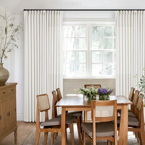 Image of Off White Linen Pinch Pleated Curtains 80 Inches Long 2 Panels for Living Room Bedroom Beige White Textured Linen Pleated Hooks Rings Back Tab Boho Neutral Light Filter Curtain Drapes 80 Inch Length